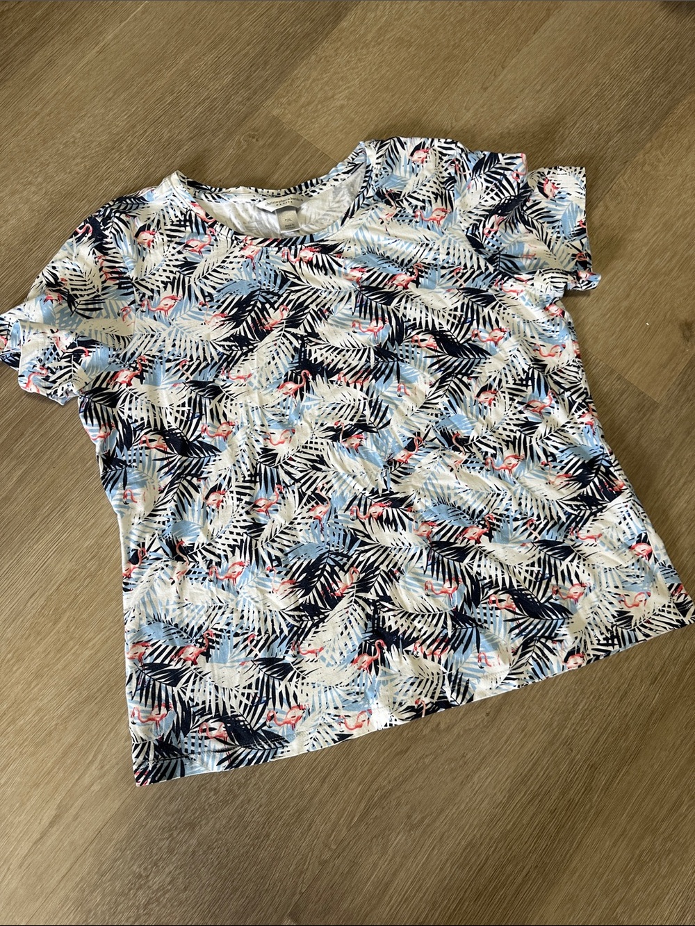 Christopher & Banks White Tropical Leaf & Flamingo Short Sleeve Tee